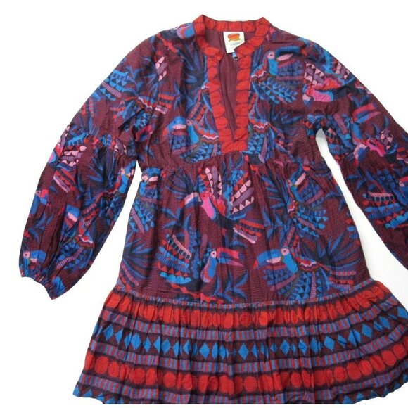 NWT FARM Rio x Anthropologie Toucan Printed Mini in Red Blue V-Neck Dress M $198 - Picture 2 of 6